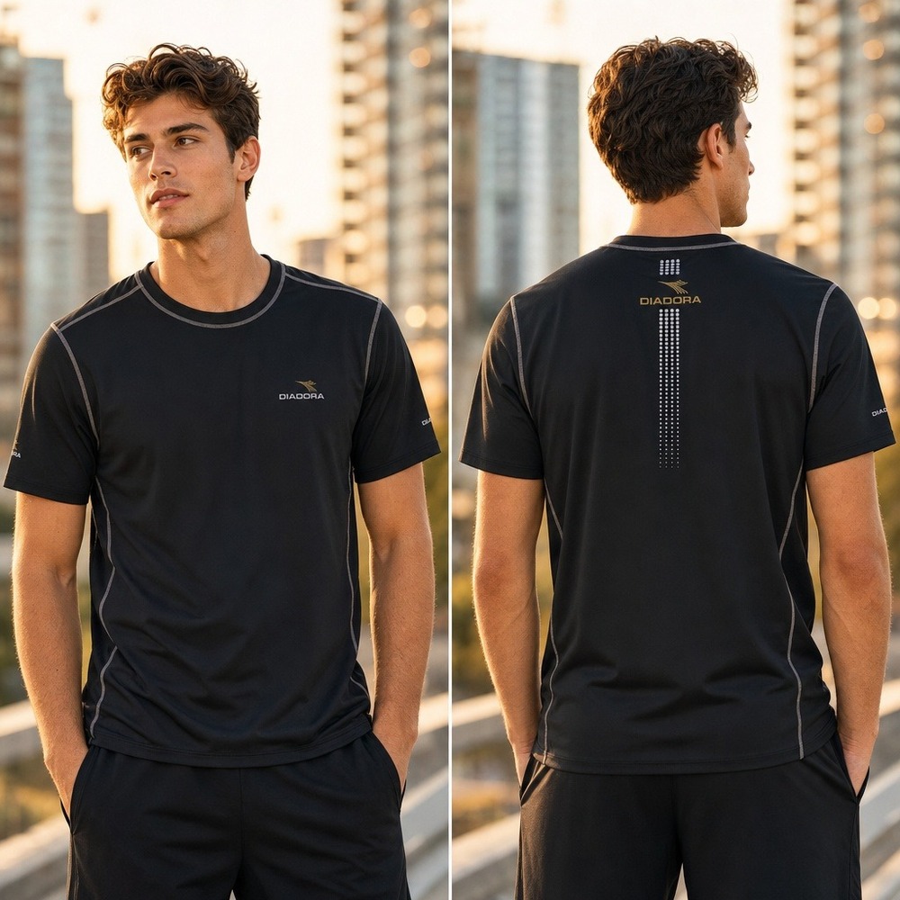 Diadora Shirt Men XL Performance T-Shirt Black Sport Italy Athletic Short Sleeve